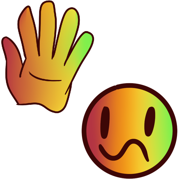a red to green gradient hand next to a red to green gradient face with a squiggle mouth.